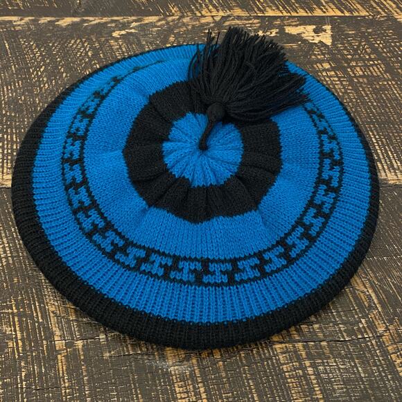 Vintage Blue Knit Beret Top Tassel Black Geometric Pattern Phillipines 80s 90s - Picture 8 of 12